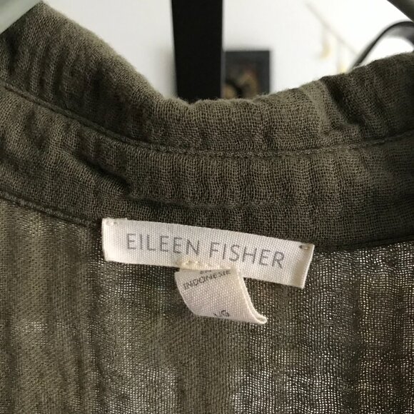 EILEEN FISHER size L Organic Cotton Gauze Classic Collar Button Up Shirt Green - Picture 4 of 4